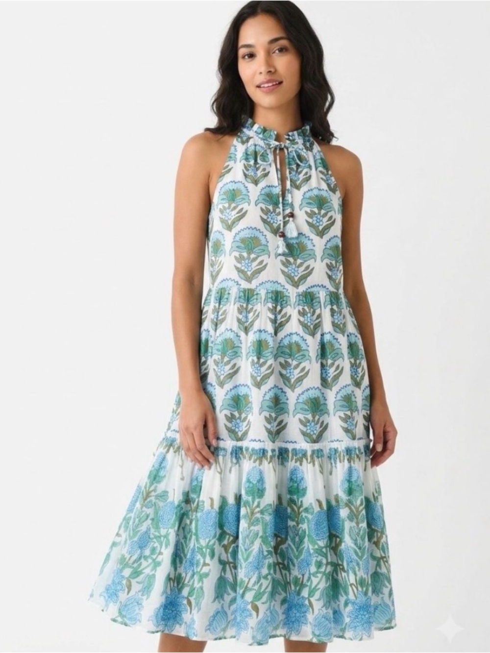 Calypso St. Barth Floral Block Print Tiered Maxi Dress Blue Green Cotton XS